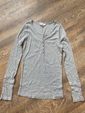 Bluenotes Light Grey Long Sleeve Henley with Lace Trim